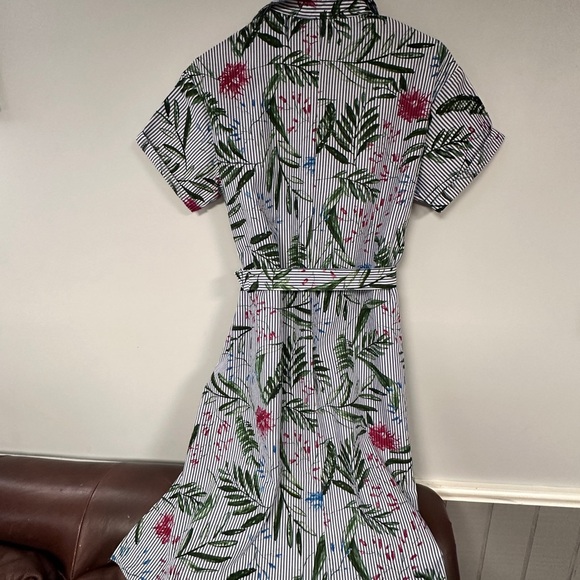 ZARA Basic Denim Blue Floral Striped Button Front, Belted Short Sleeve Dress,  S - Picture 3 of 10